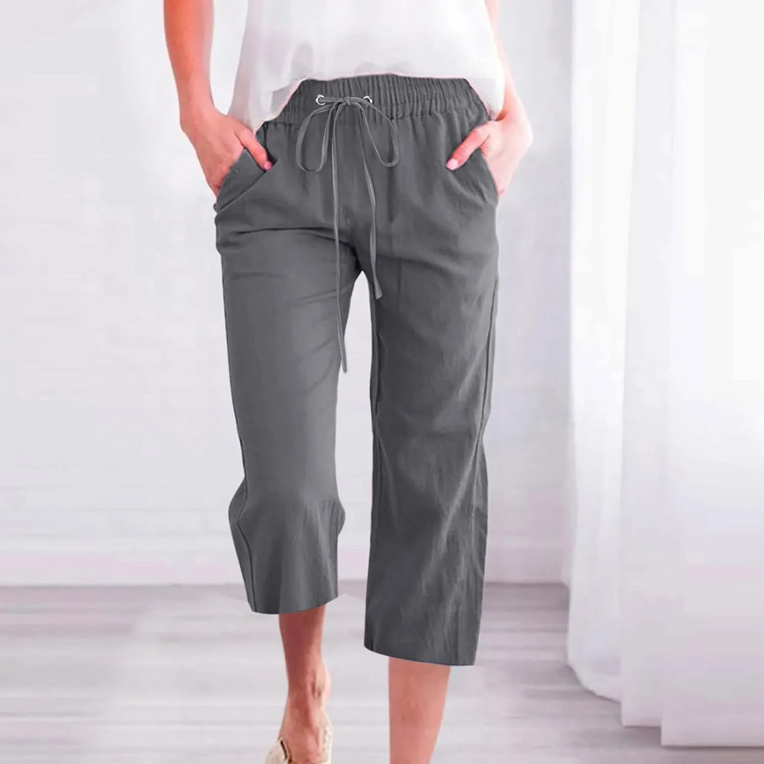 Womens Cotton Linen Pants Straight Leg Capris with Pockets 2025 Summer Pants Casual Lounge Loose Fit Soft Trousers