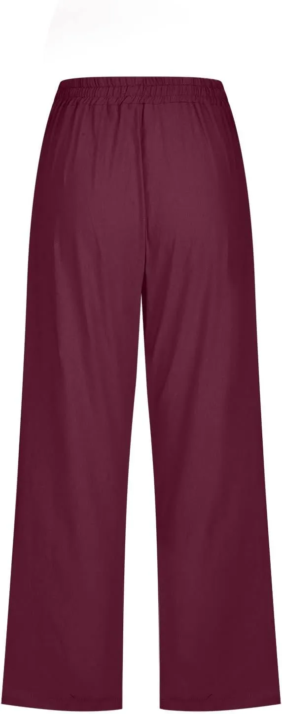 Womens Cotton Linen Pants Straight Leg Capris with Pockets 2025 Summer Pants Casual Lounge Loose Fit Soft Trousers