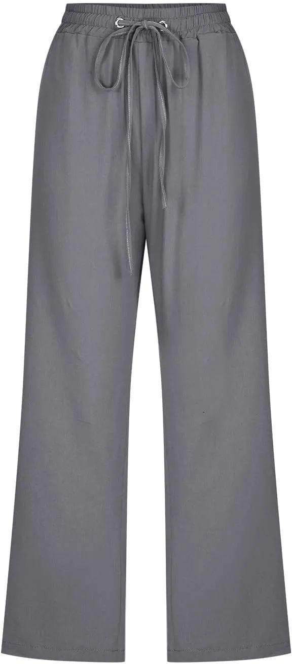 Womens Cotton Linen Pants Straight Leg Capris with Pockets 2025 Summer Pants Casual Lounge Loose Fit Soft Trousers