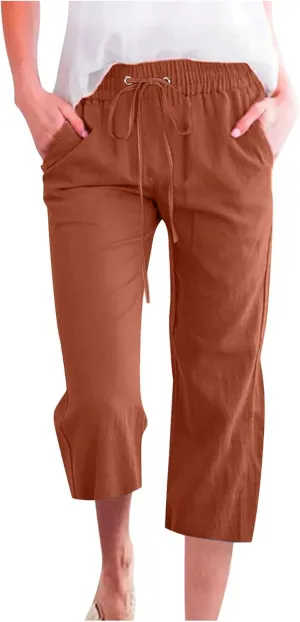 Womens Cotton Linen Pants Straight Leg Capris with Pockets 2025 Summer Pants Casual Lounge Loose Fit Soft Trousers