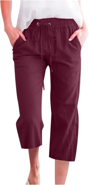 Womens Cotton Linen Pants Straight Leg Capris with Pockets 2025 Summer Pants Casual Lounge Loose Fit Soft Trousers