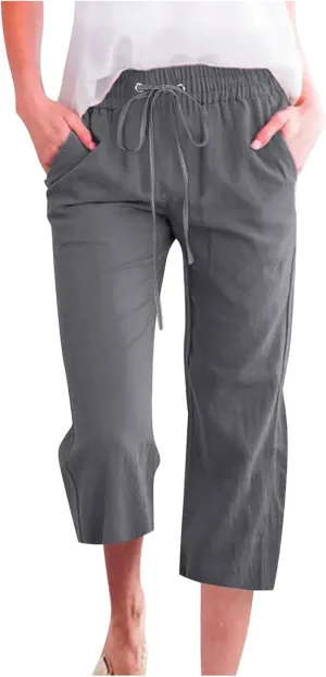 Womens Cotton Linen Pants Straight Leg Capris with Pockets 2025 Summer Pants Casual Lounge Loose Fit Soft Trousers