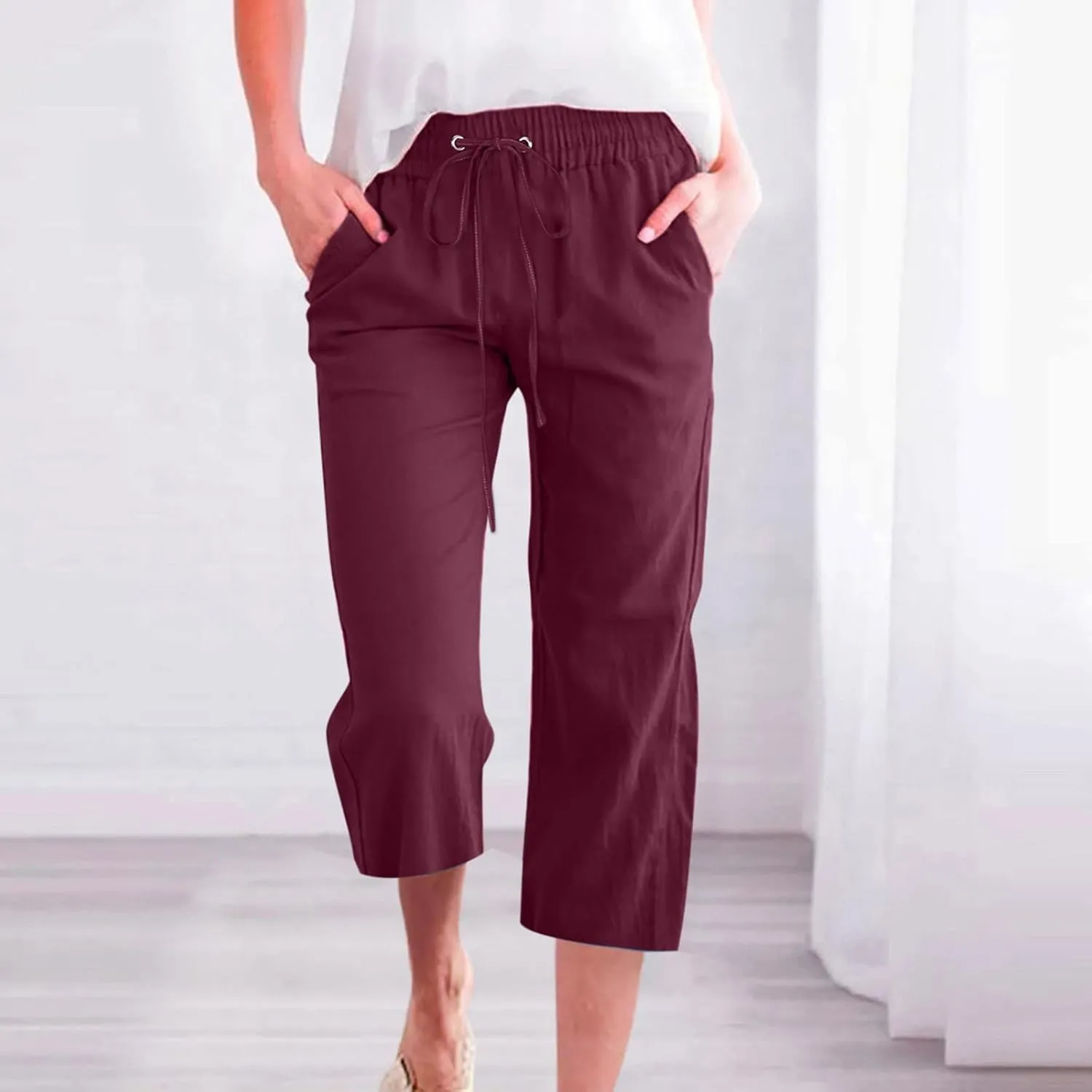 Womens Cotton Linen Pants Straight Leg Capris with Pockets 2025 Summer Pants Casual Lounge Loose Fit Soft Trousers