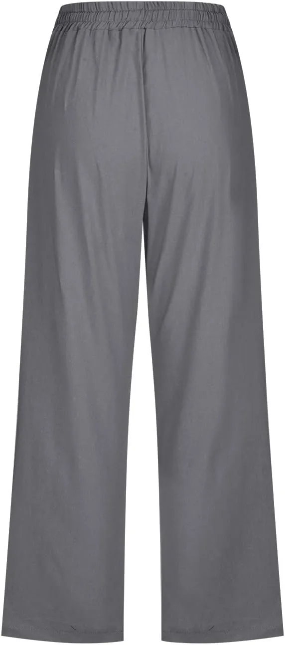 Womens Cotton Linen Pants Straight Leg Capris with Pockets 2025 Summer Pants Casual Lounge Loose Fit Soft Trousers