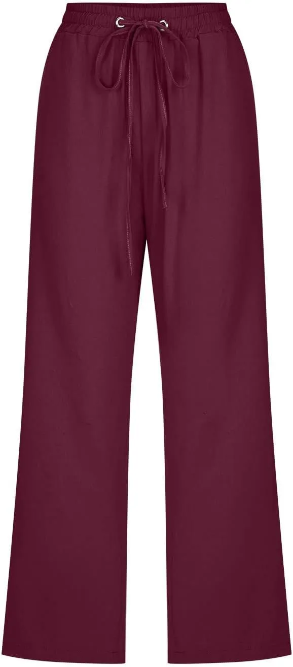 Womens Cotton Linen Pants Straight Leg Capris with Pockets 2025 Summer Pants Casual Lounge Loose Fit Soft Trousers