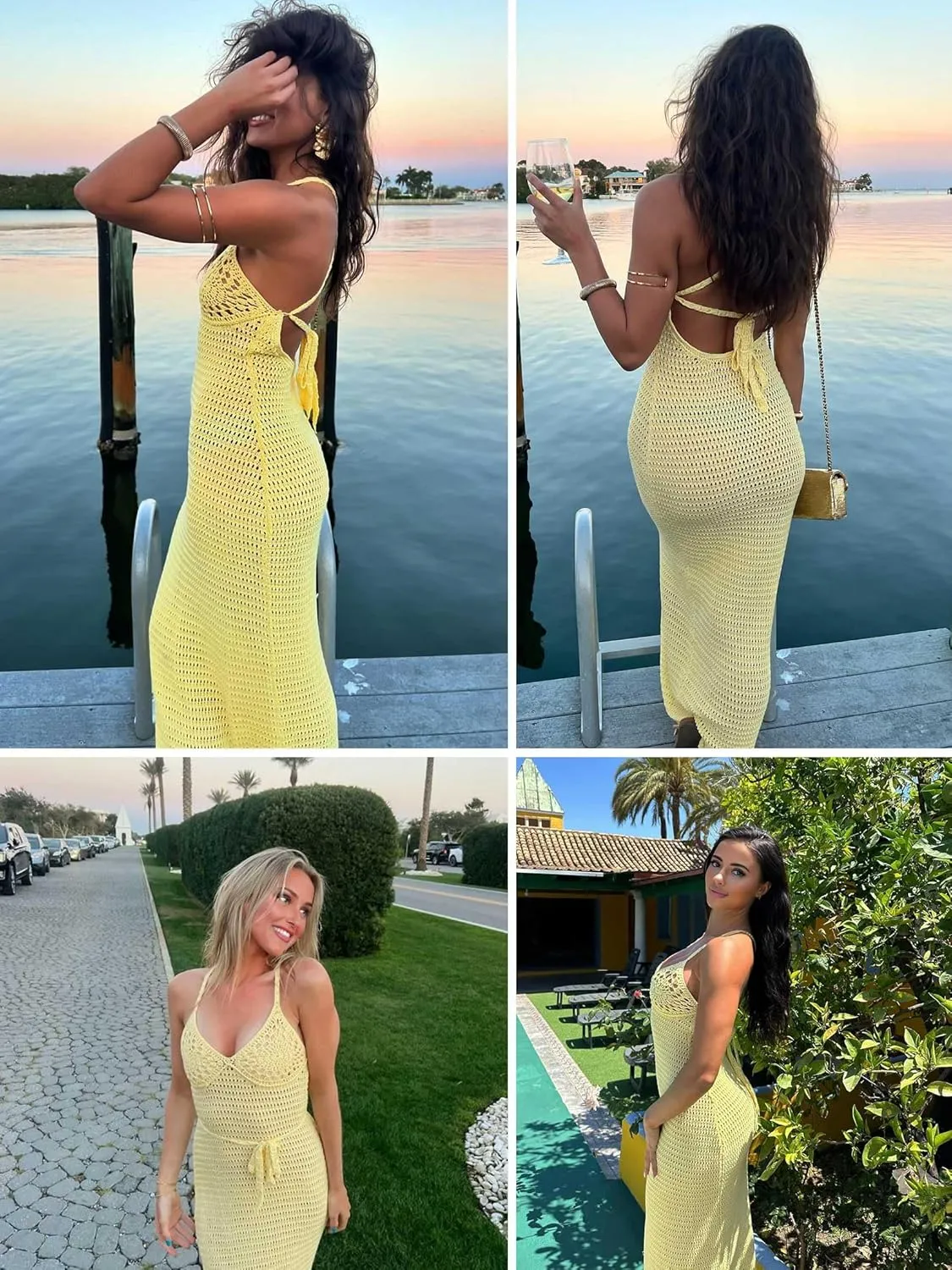 Womens Crochet Maxi Dress Lace Swimsuit Cover up Tie Backless Beachwear Knitted Bodycon Party Vacation Outfits