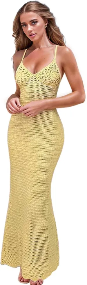 Womens Crochet Maxi Dress Lace Swimsuit Cover up Tie Backless Beachwear Knitted Bodycon Party Vacation Outfits