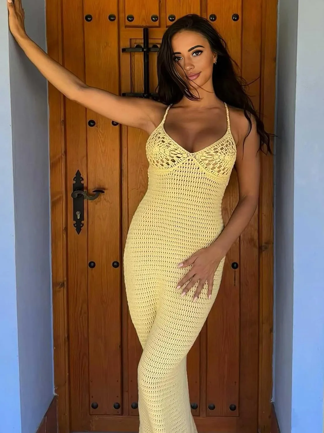 Womens Crochet Maxi Dress Lace Swimsuit Cover up Tie Backless Beachwear Knitted Bodycon Party Vacation Outfits