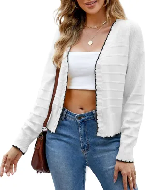 Women's Cropped Cardigan Long Sleeve V-Neck Button Down Cardigans Sweaters Open Front Knit Lightweight Outwear
