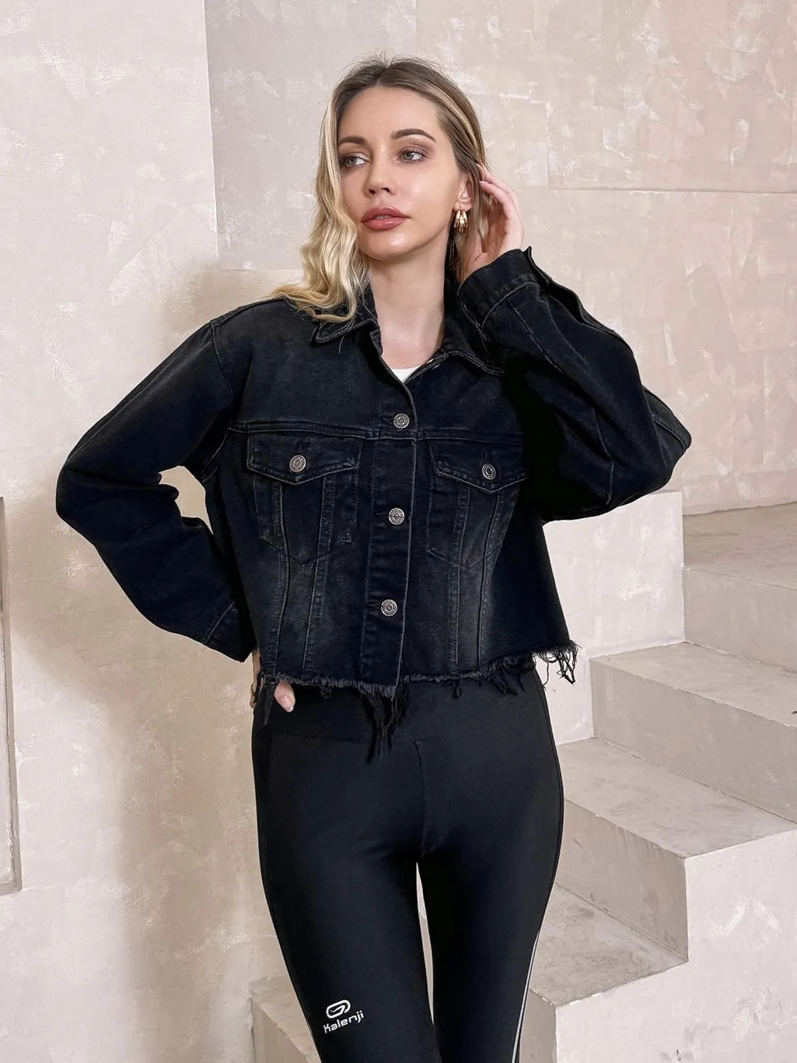 Women's Denim Jacket Button Down Long Sleeve Loose Oversized Jean Jacket Coats with Pocket