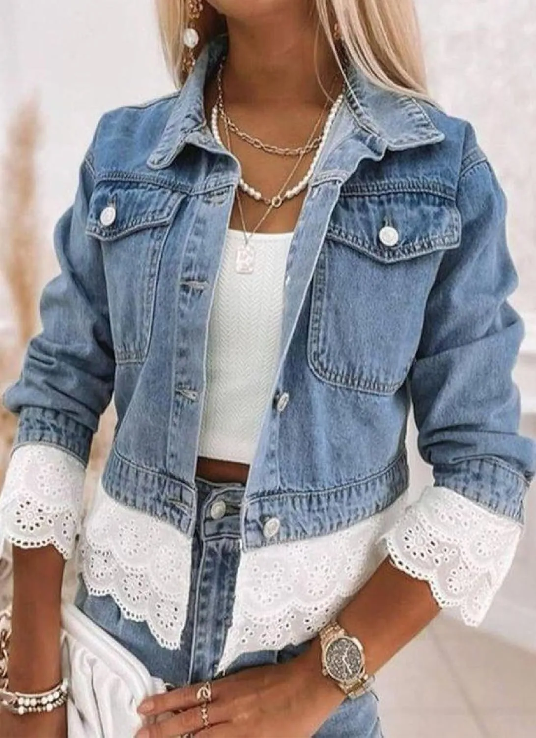 Women's Denim Jacket Side Pockets Long Sleeve Button Lace Patchwork Jean Coat