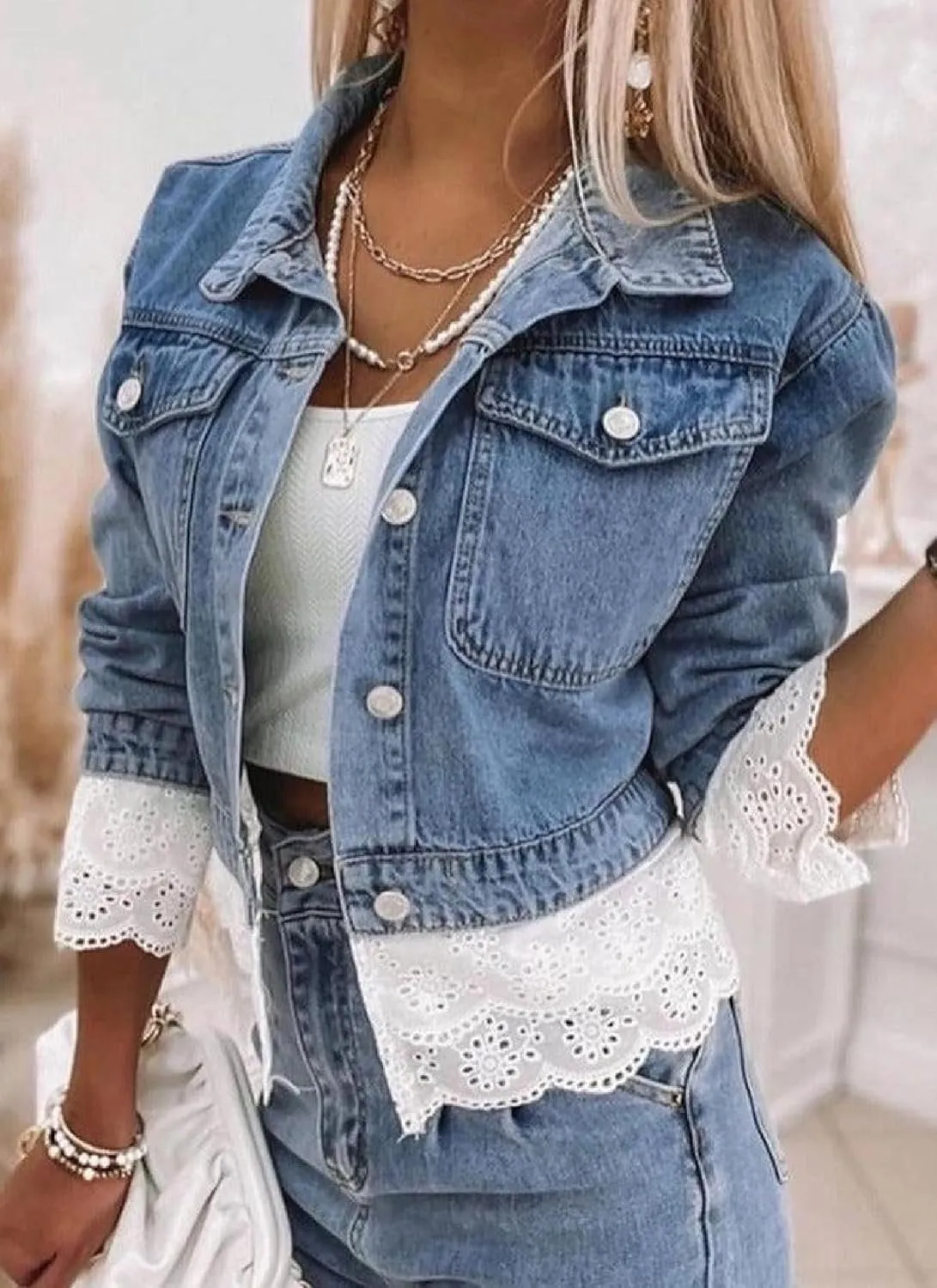 Women's Denim Jacket Side Pockets Long Sleeve Button Lace Patchwork Jean Coat