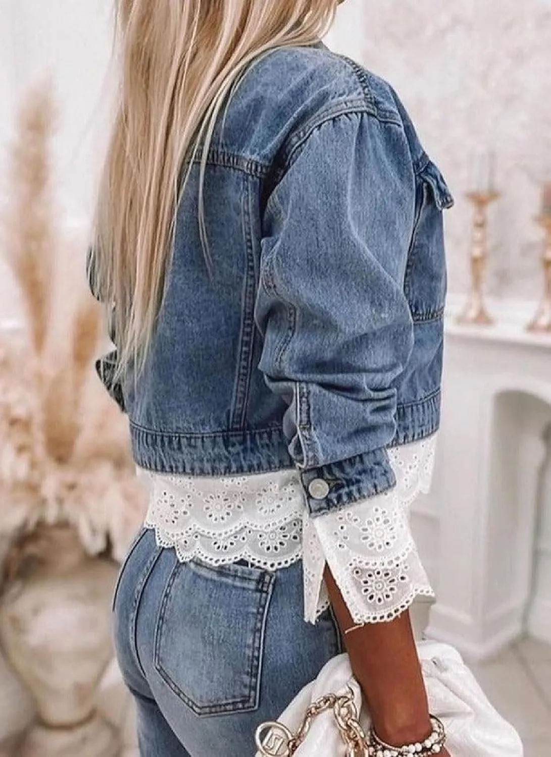 Women's Denim Jacket Side Pockets Long Sleeve Button Lace Patchwork Jean Coat