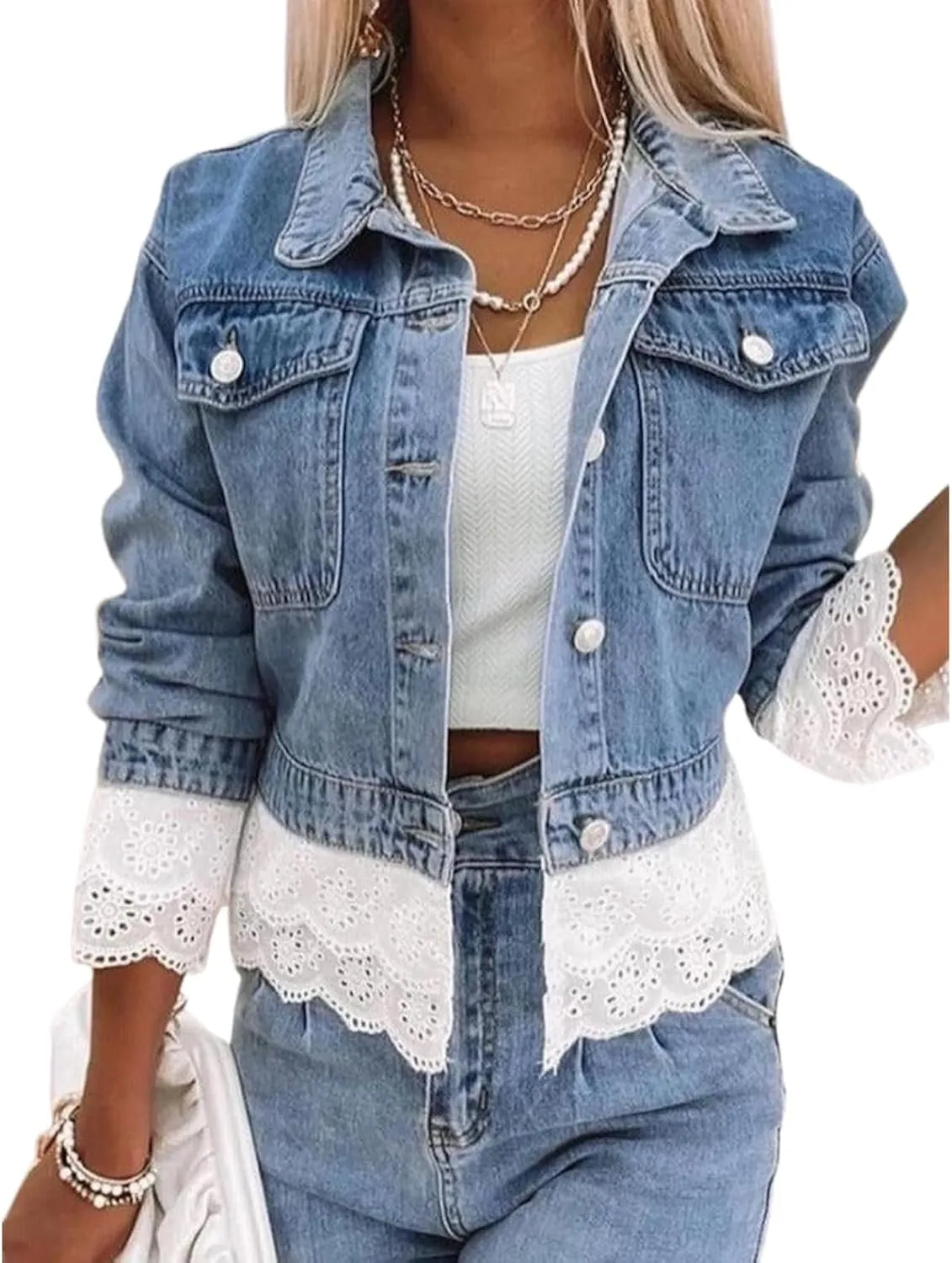 Women's Denim Jacket Side Pockets Long Sleeve Button Lace Patchwork Jean Coat
