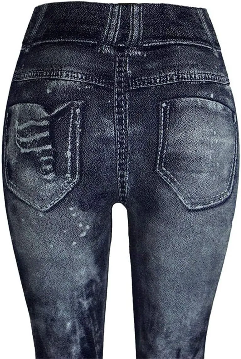 Womens Denim Print Leggings Fake Jeans Seamless High Waist Full Length Ripped Tights Elastic Slim Fit Gym Yoga Pants