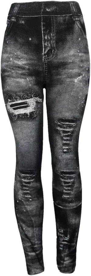 Womens Denim Print Leggings Fake Jeans Seamless High Waist Full Length Ripped Tights Elastic Slim Fit Gym Yoga Pants