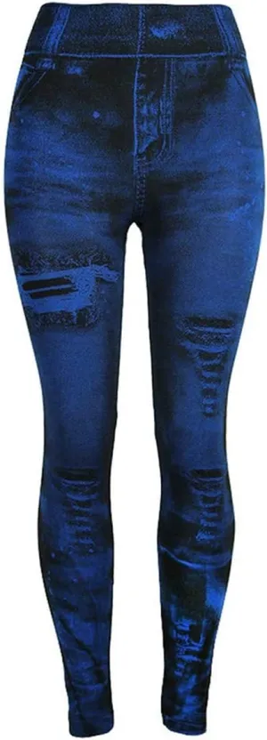 Womens Denim Print Leggings Fake Jeans Seamless High Waist Full Length Ripped Tights Elastic Slim Fit Gym Yoga Pants