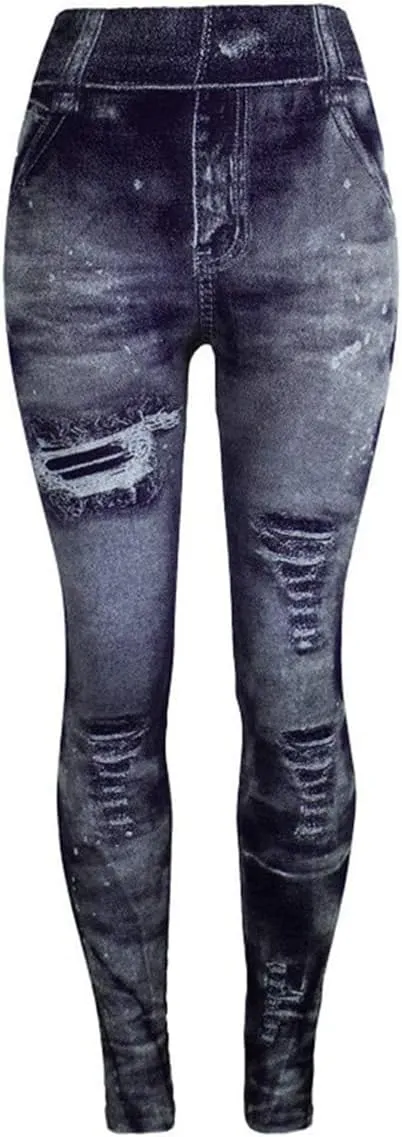 Womens Denim Print Leggings Fake Jeans Seamless High Waist Full Length Ripped Tights Elastic Slim Fit Gym Yoga Pants