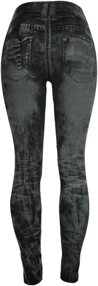 Womens Denim Print Leggings Fake Jeans Seamless High Waist Full Length Ripped Tights Elastic Slim Fit Gym Yoga Pants