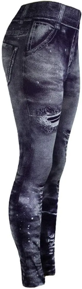 Womens Denim Print Leggings Fake Jeans Seamless High Waist Full Length Ripped Tights Elastic Slim Fit Gym Yoga Pants