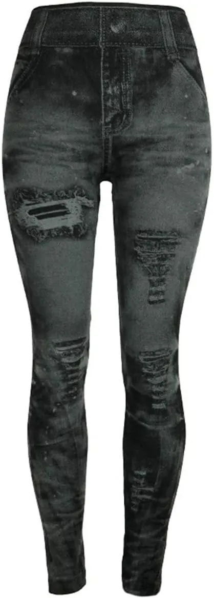 Womens Denim Print Leggings Fake Jeans Seamless High Waist Full Length Ripped Tights Elastic Slim Fit Gym Yoga Pants