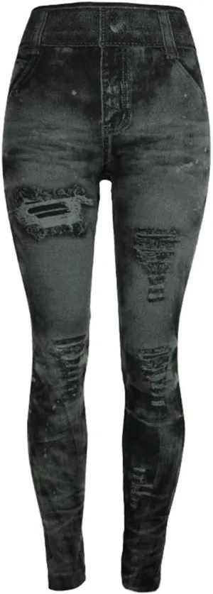 Womens Denim Print Leggings Fake Jeans Seamless High Waist Full Length Ripped Tights Elastic Slim Fit Gym Yoga Pants