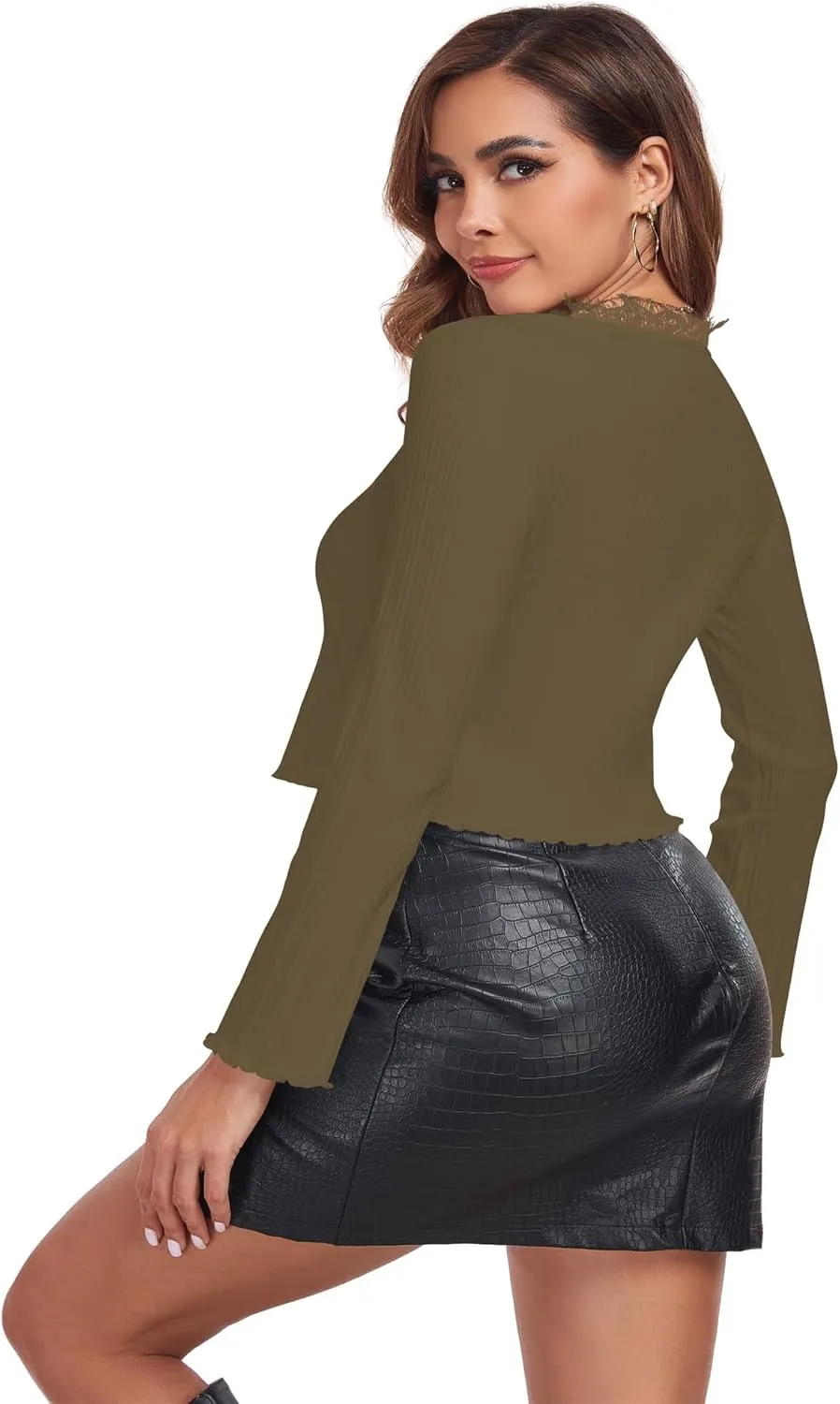 Women's Fall Long Sleeve Tie Front Knit Cardigan Top Lace V Neck Lightweight Crochet Shrug Sweaters