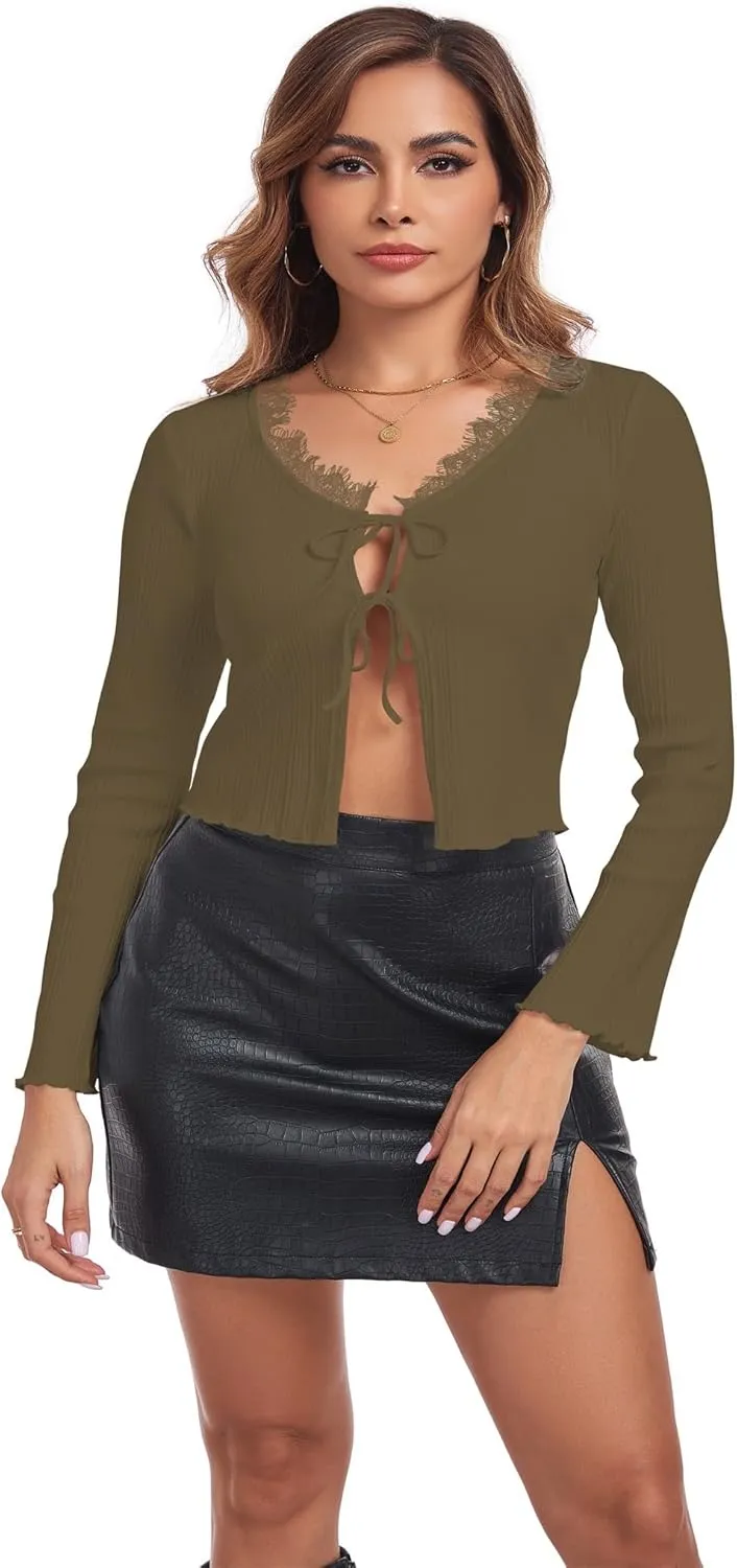 Women's Fall Long Sleeve Tie Front Knit Cardigan Top Lace V Neck Lightweight Crochet Shrug Sweaters