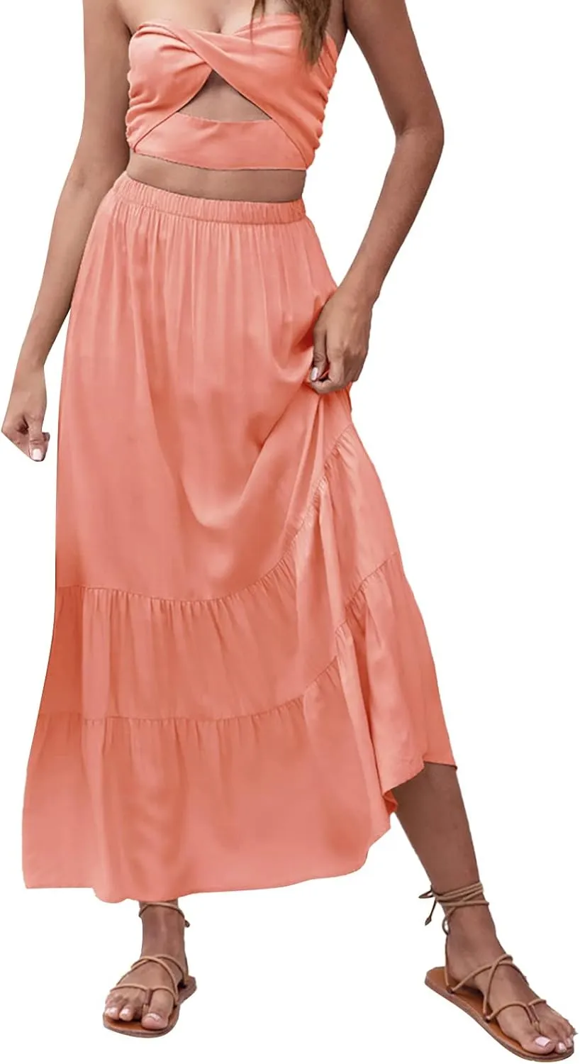 Women's Fashion Skirt Women's High Waisted Tie Wrap Midi Skirts Fashion Skirts High Waist Mid Skirt Casual Summer