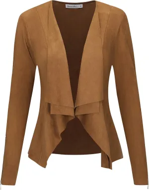 Womens Faux Suede Waterfall Coat Cardigan Open Front Short Jackets