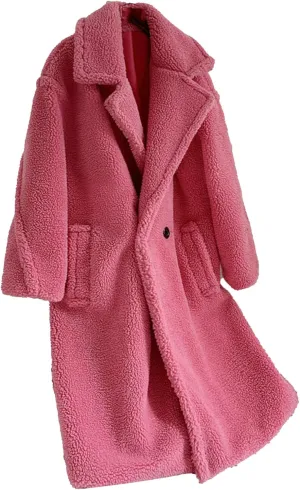 Women's Fleece Lapel Collar Trench Coat Open Front Long Cardigan Overcoat Winter Warm Outwear Jackets