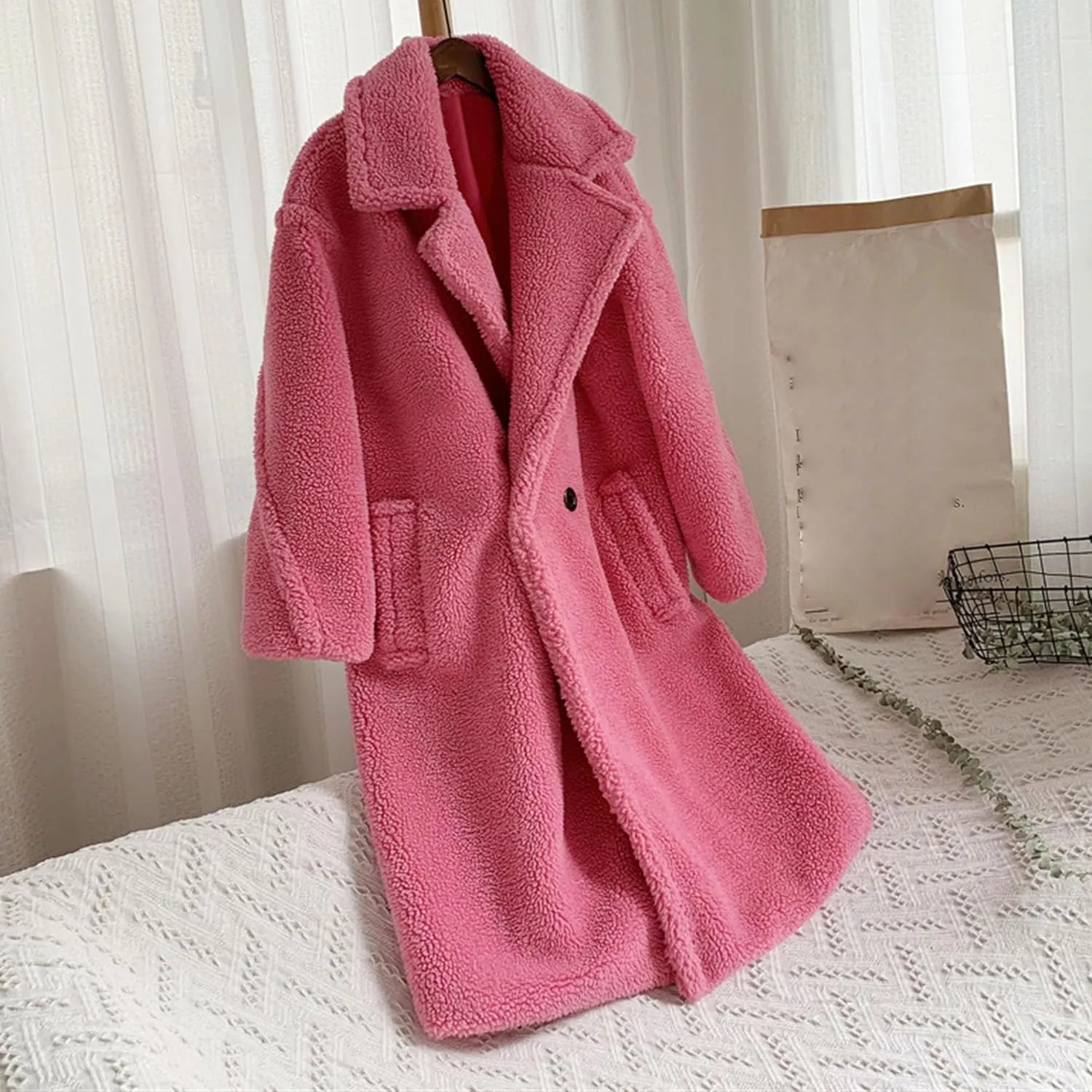 Women's Fleece Lapel Collar Trench Coat Open Front Long Cardigan Overcoat Winter Warm Outwear Jackets