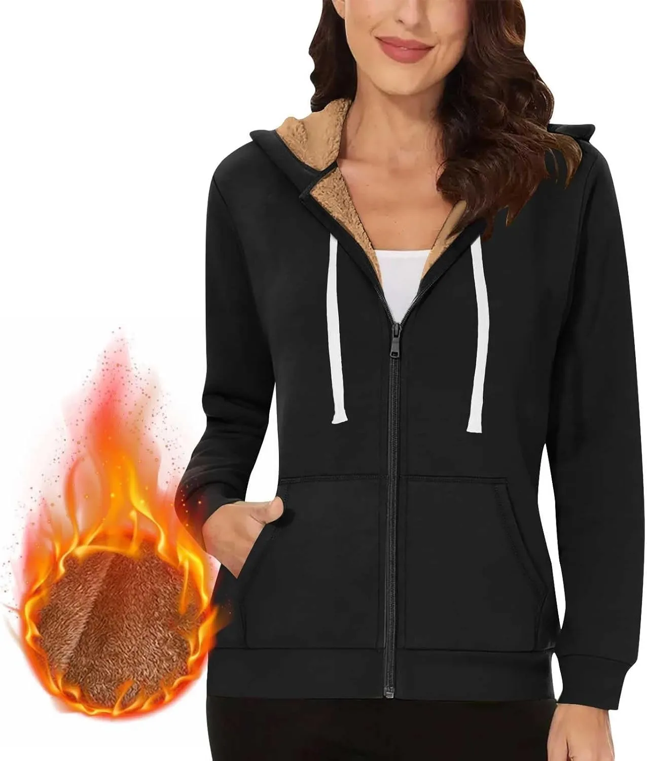 Womens Fleece Zip Up Jacket Coat Cozy Sherpa Lined Hoodie Jackets Drawstring Warm Winter Jacket Outerwear with Pocket