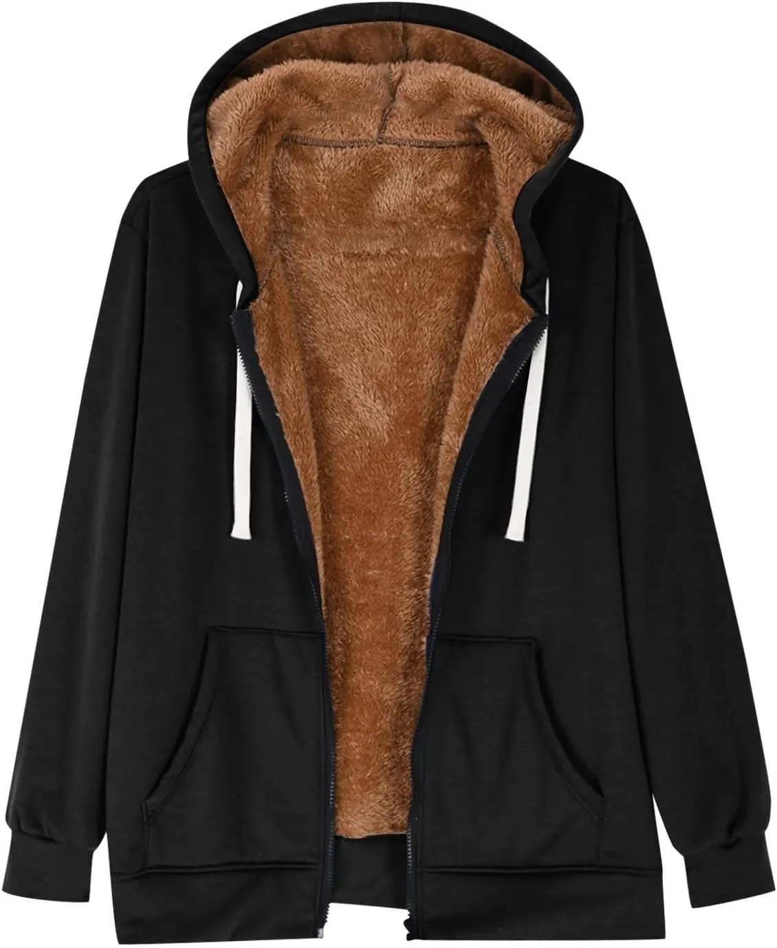 Womens Fleece Zip Up Jacket Coat Cozy Sherpa Lined Hoodie Jackets Drawstring Warm Winter Jacket Outerwear with Pocket