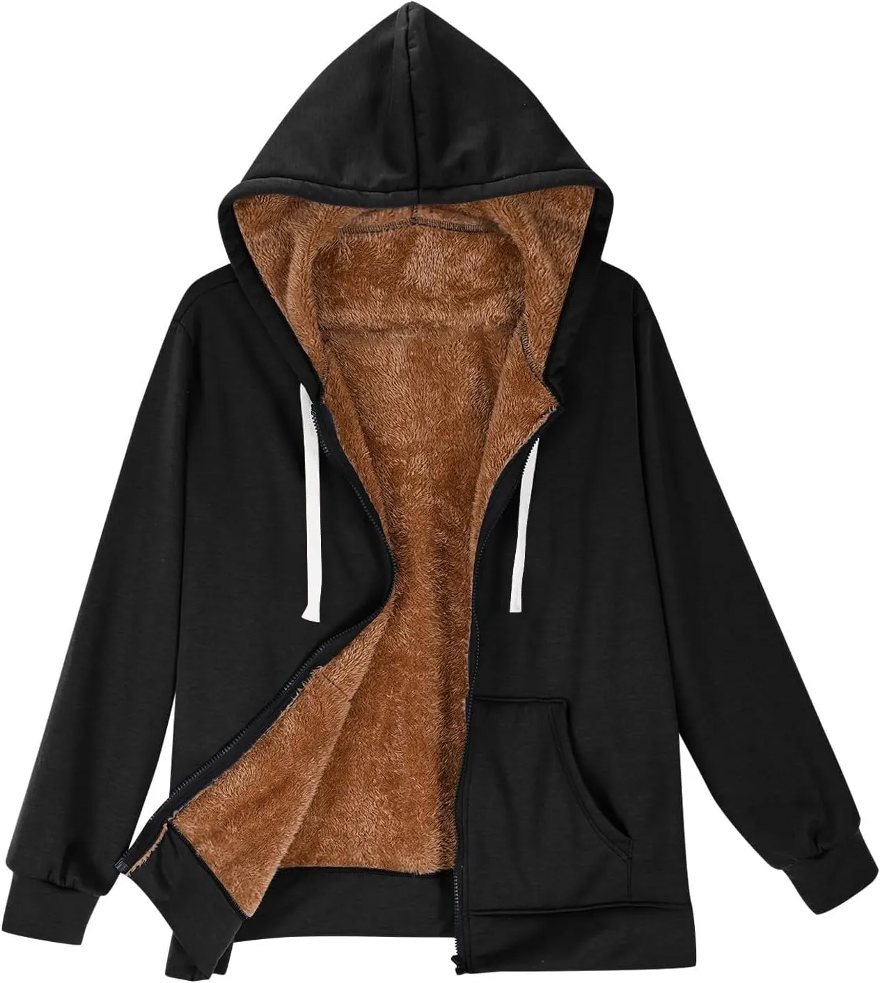 Womens Fleece Zip Up Jacket Coat Cozy Sherpa Lined Hoodie Jackets Drawstring Warm Winter Jacket Outerwear with Pocket