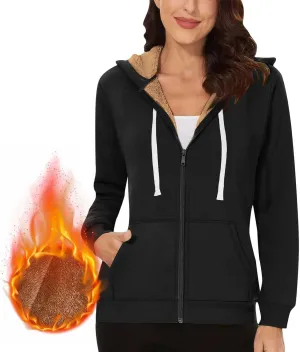 Womens Fleece Zip Up Jacket Coat Cozy Sherpa Lined Hoodie Jackets Drawstring Warm Winter Jacket Outerwear with Pocket