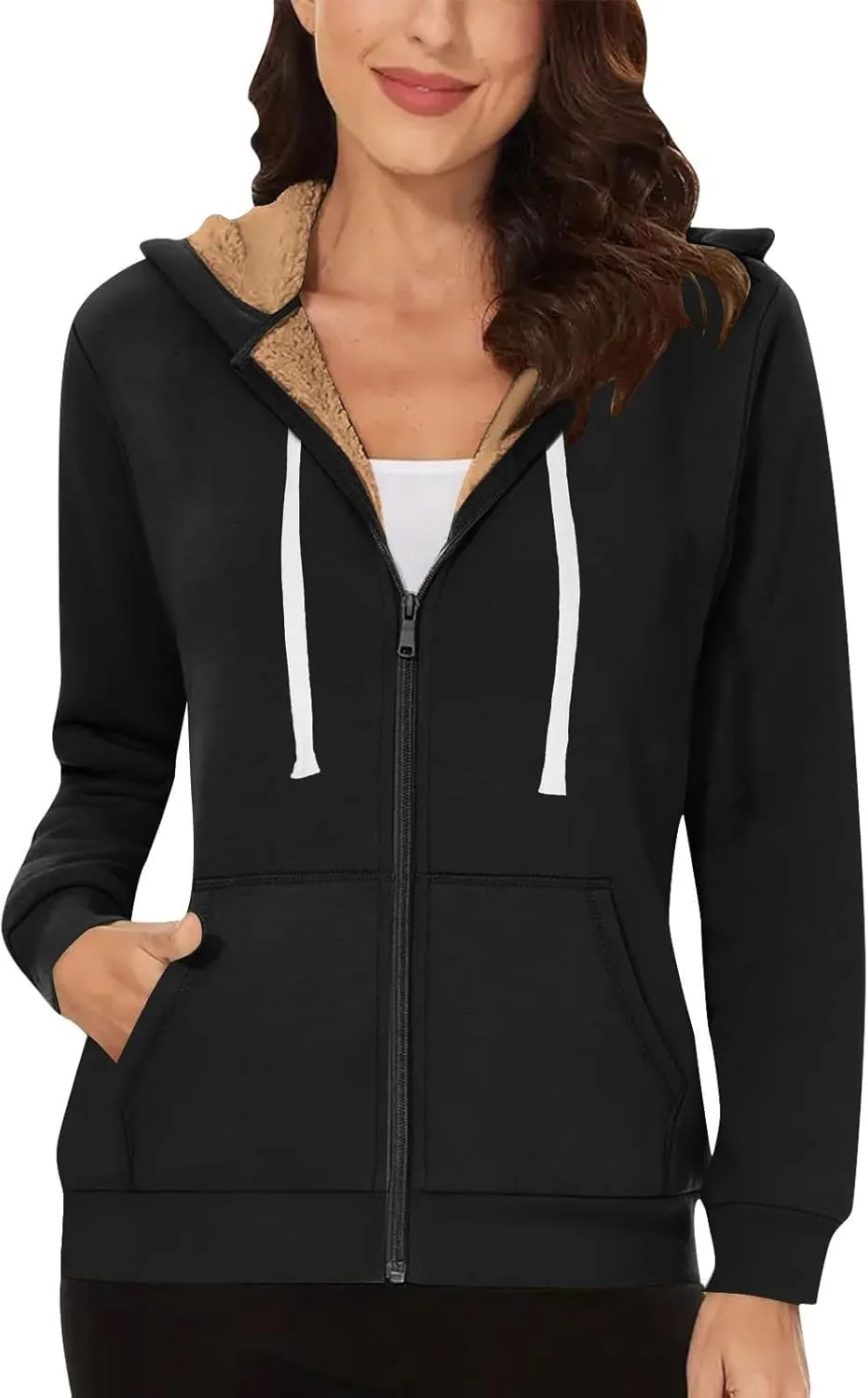 Womens Fleece Zip Up Jacket Coat Cozy Sherpa Lined Hoodie Jackets Drawstring Warm Winter Jacket Outerwear with Pocket