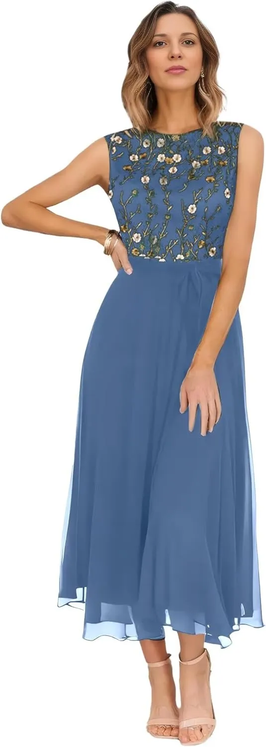 Women's Floral Embroidery Chiffon Mother of The Bride Dress 2025 Lace Appliques Formal Evening Gowns for Wedding DR0750
