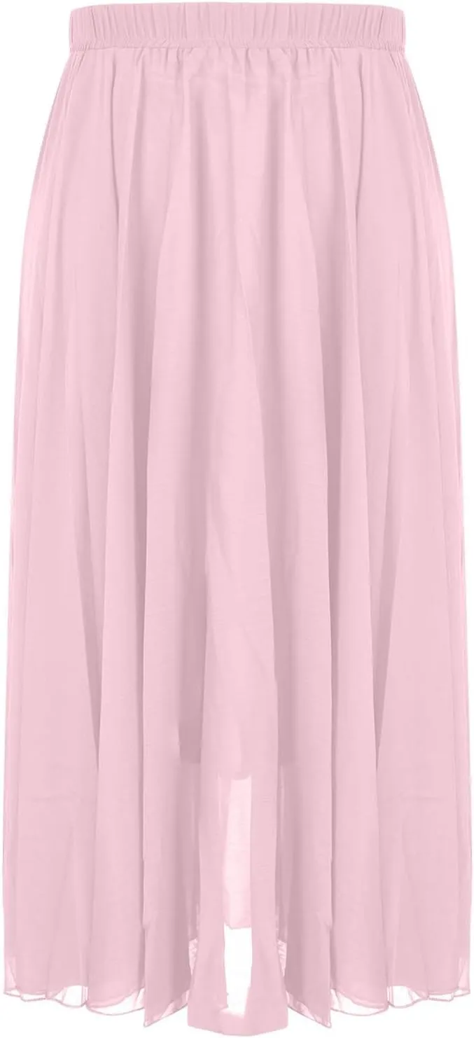 Womens Flowy Chiffon Maxi Skirts Summer Elastic High Waisted Layered Beach Skorts Solid Color Fashion Elegant Skirt