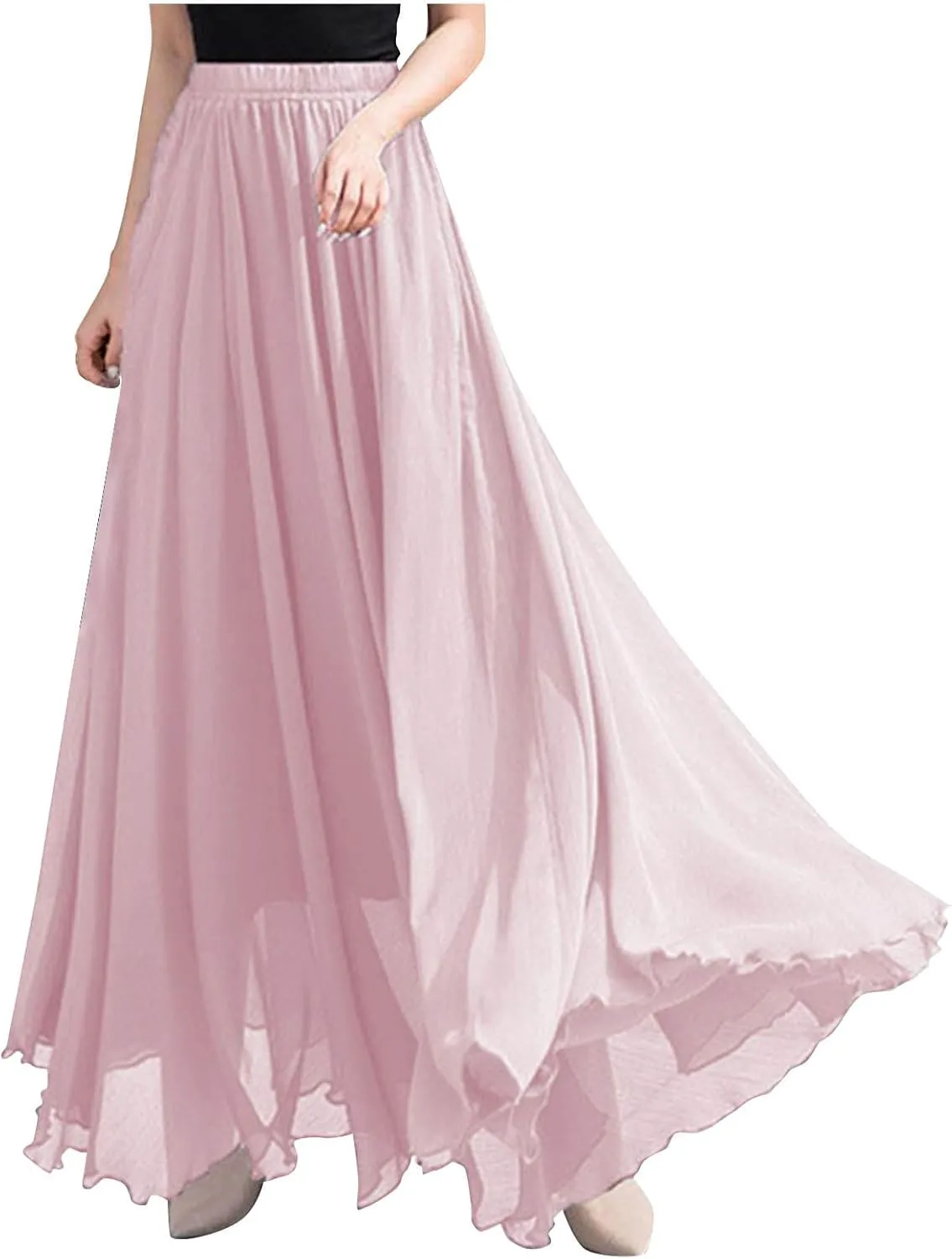 Womens Flowy Chiffon Maxi Skirts Summer Elastic High Waisted Layered Beach Skorts Solid Color Fashion Elegant Skirt