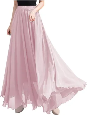 Womens Flowy Chiffon Maxi Skirts Summer Elastic High Waisted Layered Beach Skorts Solid Color Fashion Elegant Skirt