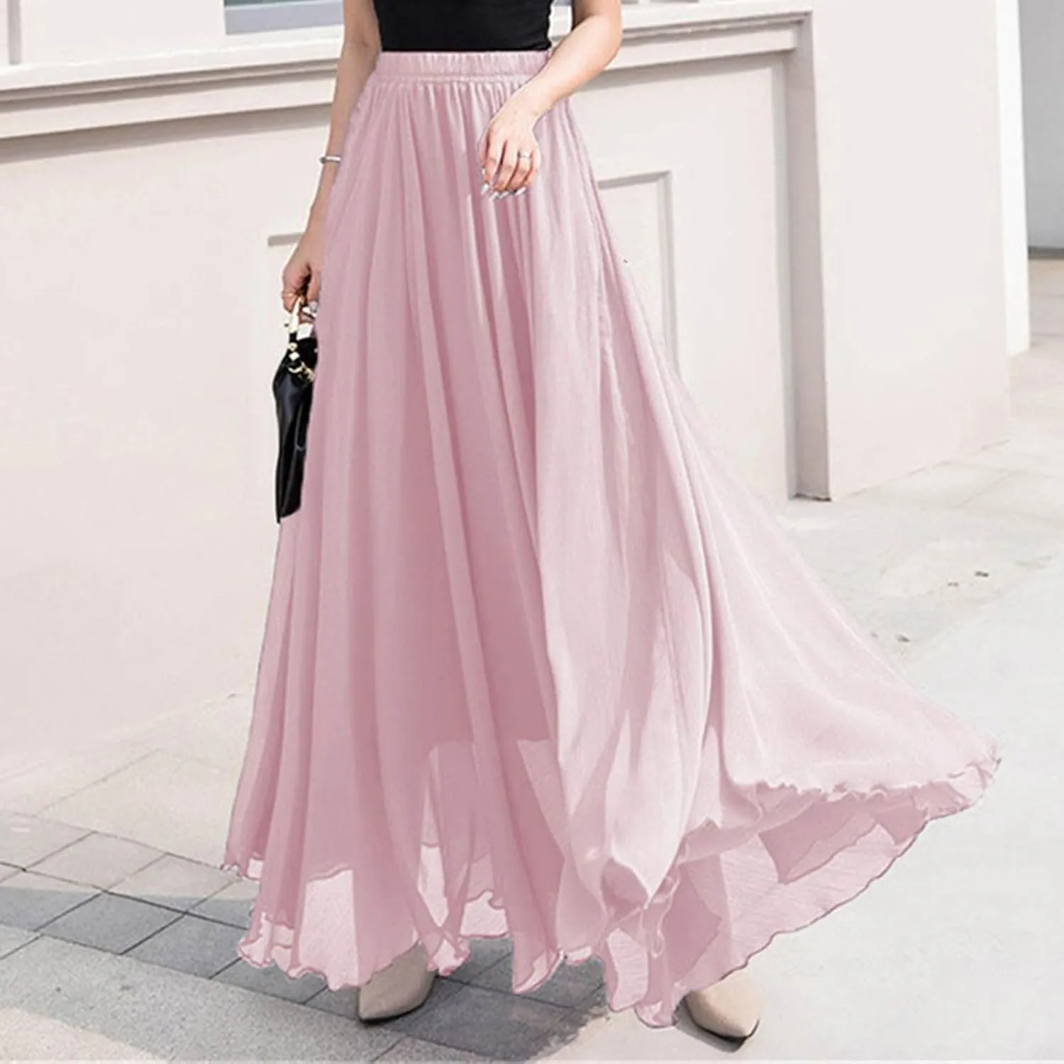 Womens Flowy Chiffon Maxi Skirts Summer Elastic High Waisted Layered Beach Skorts Solid Color Fashion Elegant Skirt