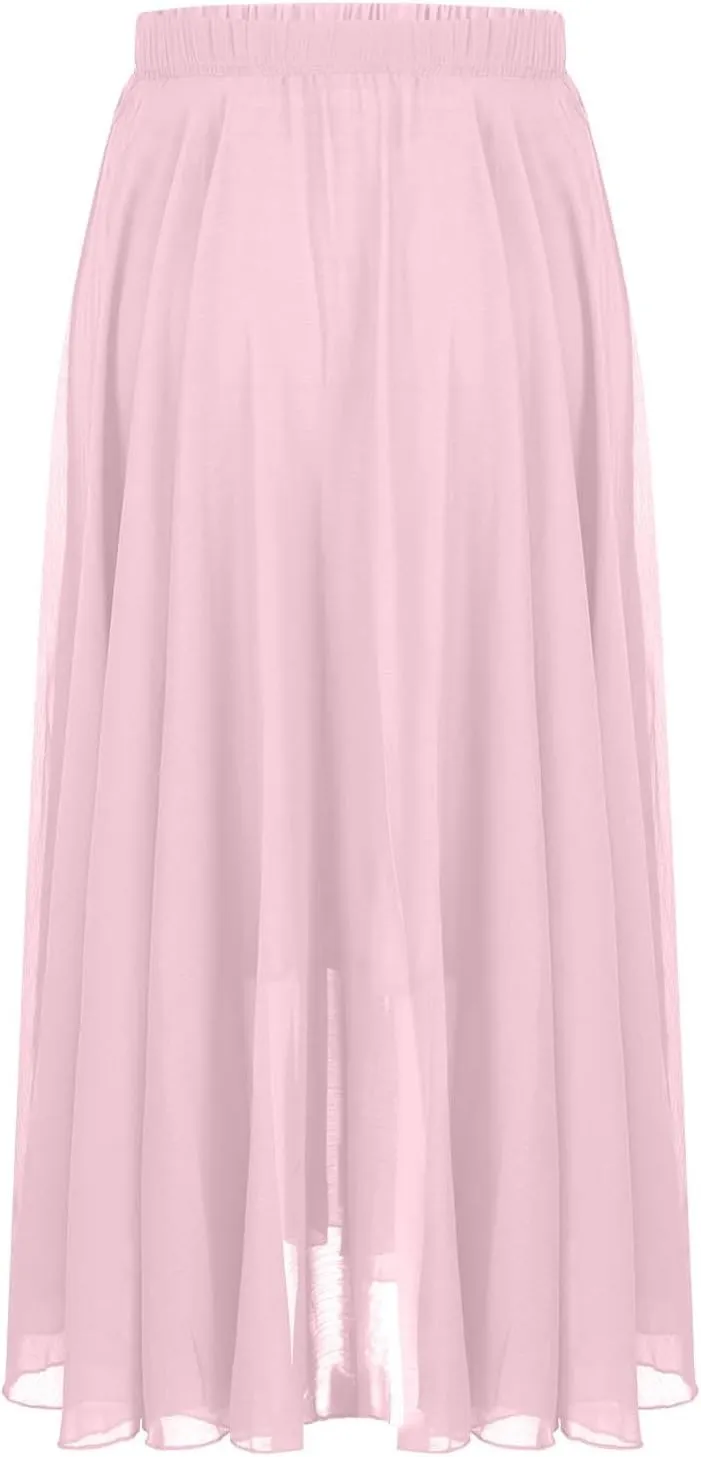 Womens Flowy Chiffon Maxi Skirts Summer Elastic High Waisted Layered Beach Skorts Solid Color Fashion Elegant Skirt