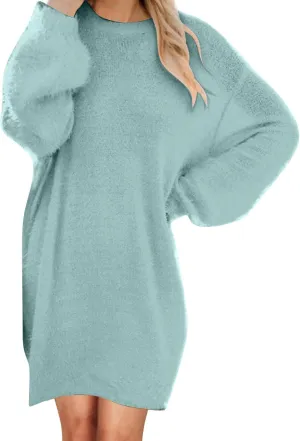 Women's Furry Pullover Sweater Dress Loose Oversized Long Tops Cute Long Sleeve Bodycon Dress Soft Knit Sweater Dress