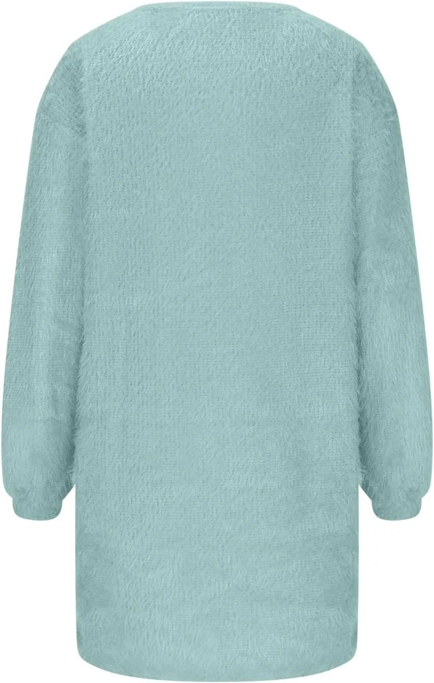 Women's Furry Pullover Sweater Dress Loose Oversized Long Tops Cute Long Sleeve Bodycon Dress Soft Knit Sweater Dress