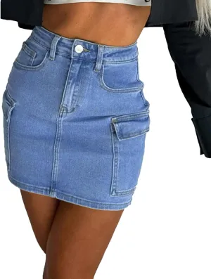 Women's High Waist Denim Mini Skirt Y2K Jean Skirt Casual Jean Skirt with Pockets Basic Distressed Jeans Denim Skirt