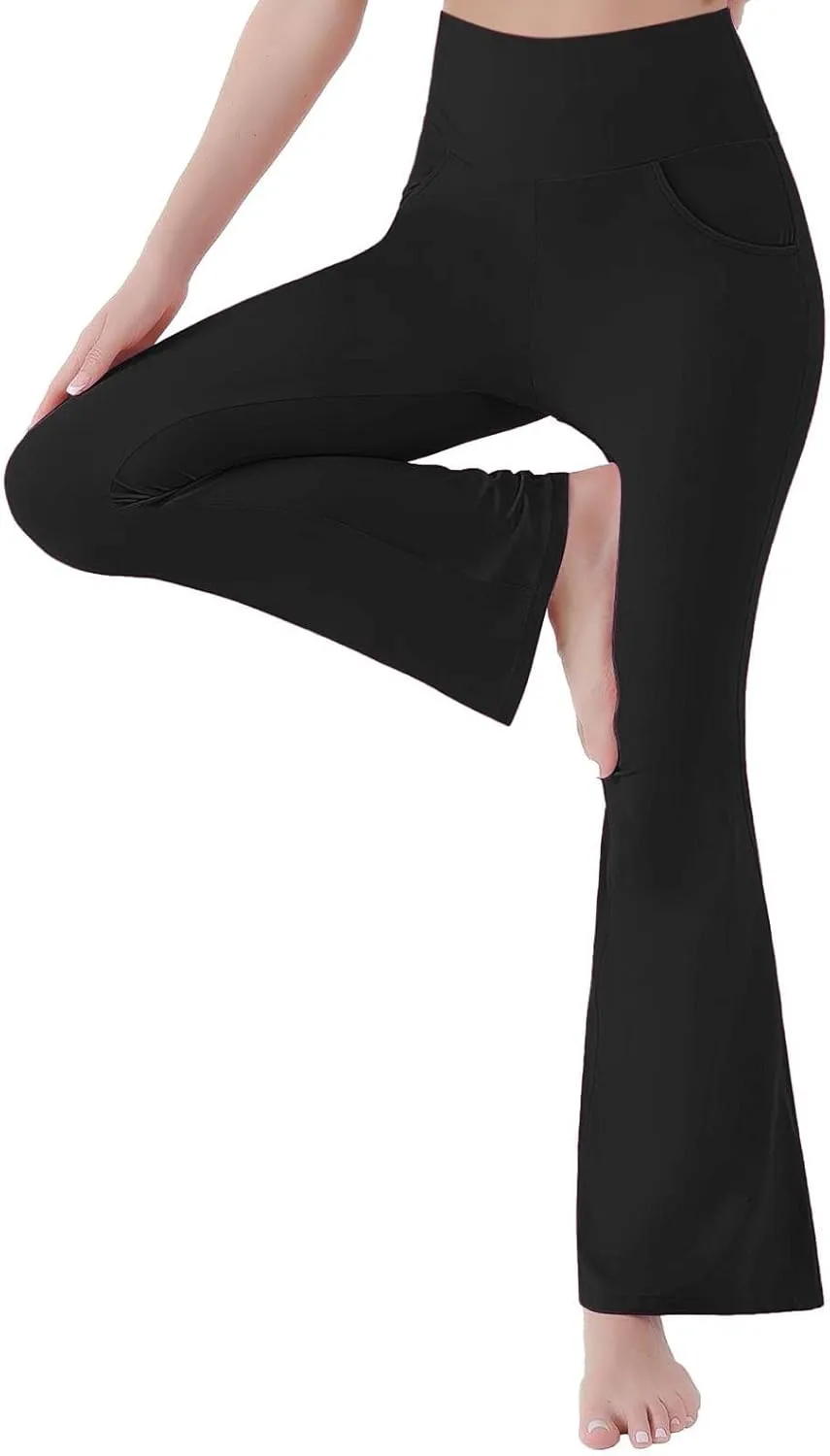 Womens High Waist Pant with Pockets Soft Sport Yoga Flared Leggings Workout Running Trousers Girls Workout Pants
