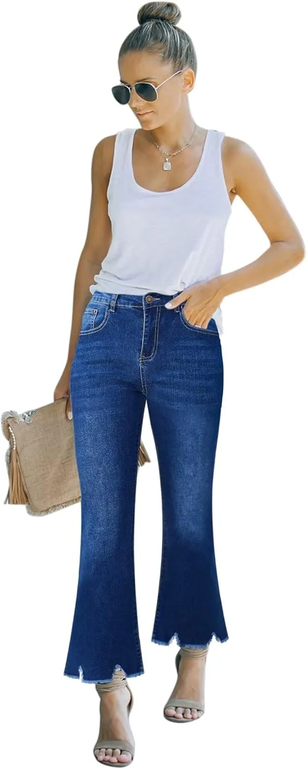 Women's High Waisted Crop Flare Jeans for Women Cropped Bell Bottom Jeans for Women Denim Pants with Live Hem