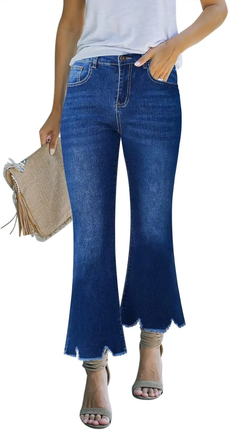Women's High Waisted Crop Flare Jeans for Women Cropped Bell Bottom Jeans for Women Denim Pants with Live Hem