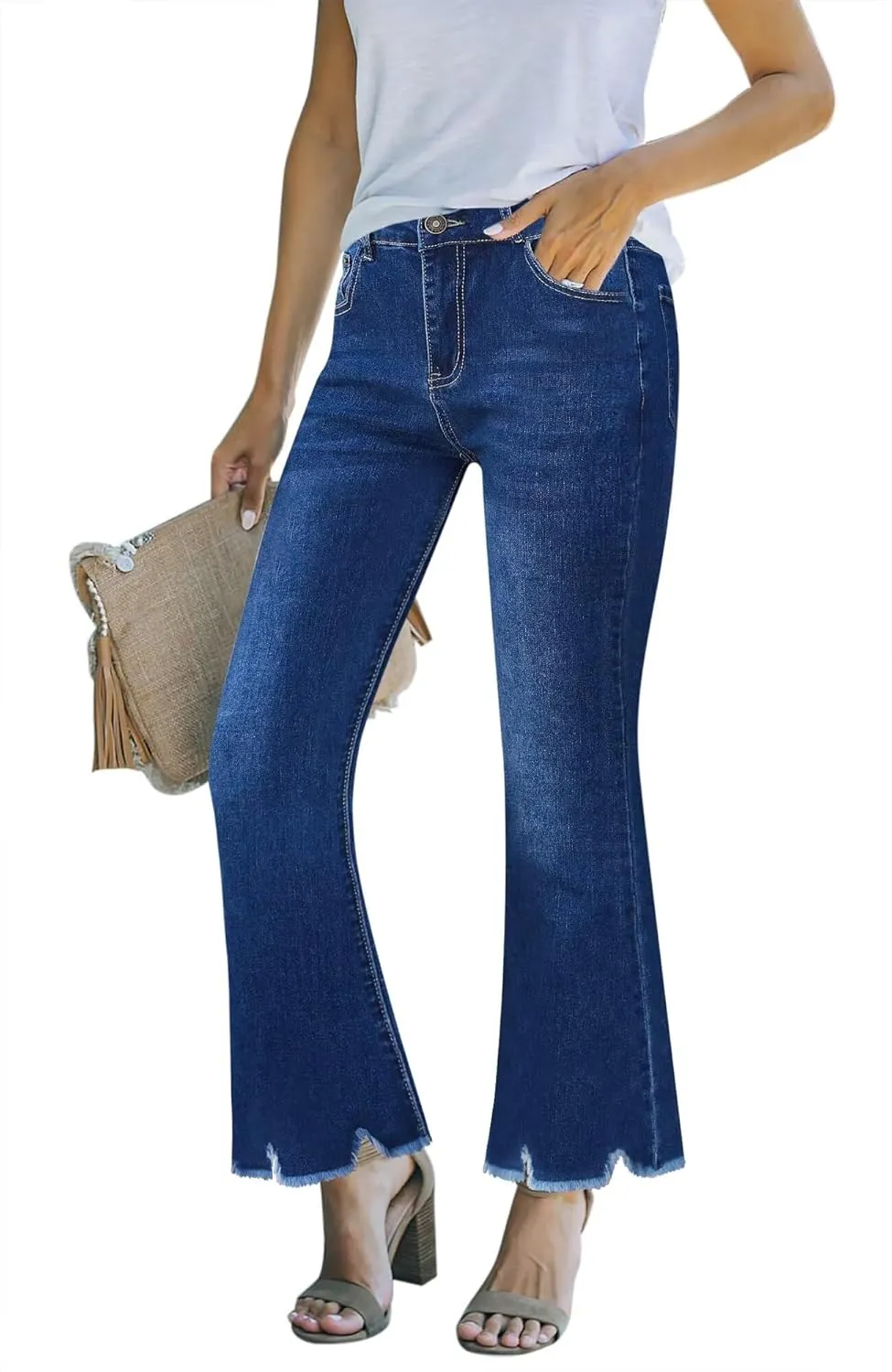 Women's High Waisted Crop Flare Jeans for Women Cropped Bell Bottom Jeans for Women Denim Pants with Live Hem